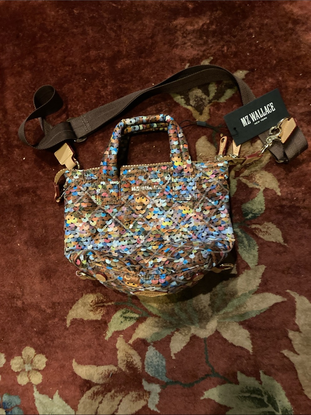 MZ Wallace Multicolor Sequin Mini Tote with Brown Strap